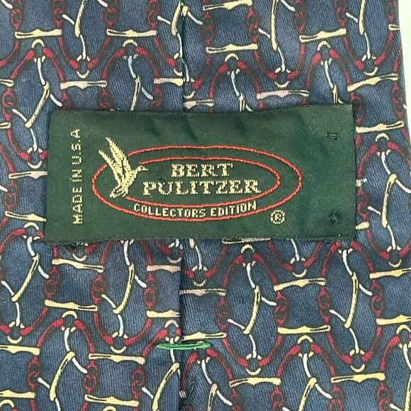 Bert Pulitzer Horsebit Print Mens Neck Tie Navy Blue Burgundy Tan 100% Silk - Picture 5 of 7